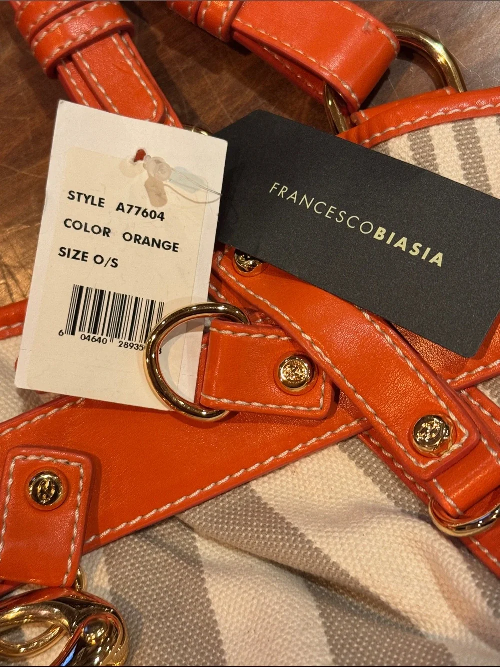 NWT Francesco Biasia Perfect Striped Canvas Leather Tote Bag Orange Luxury Italy - Picture 12 of 14